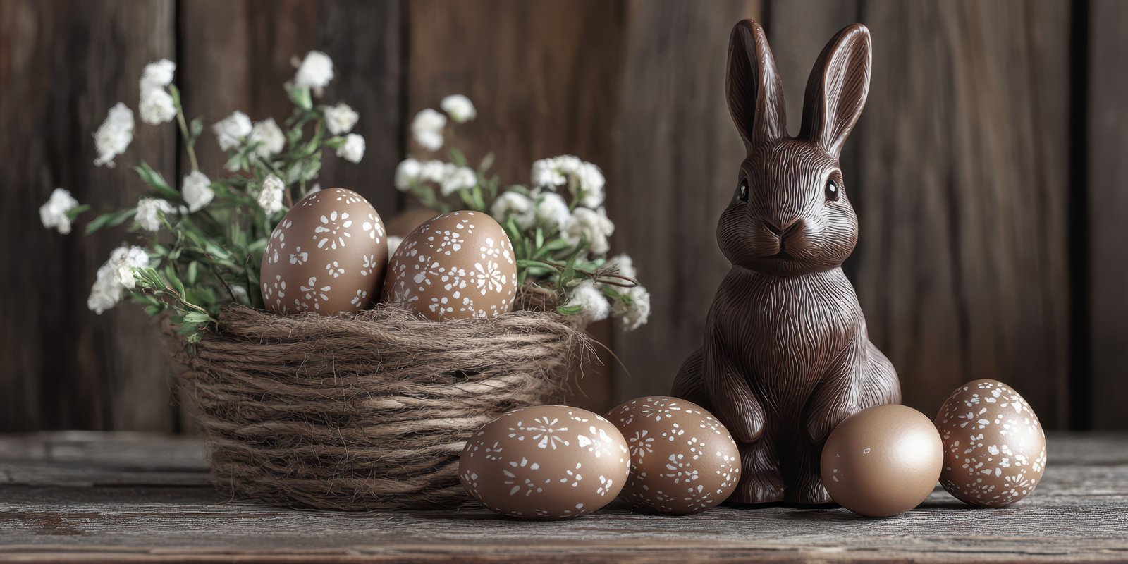Decorative bunny and pastel eggs arranged with flowers in rustic basket for Easter celebration